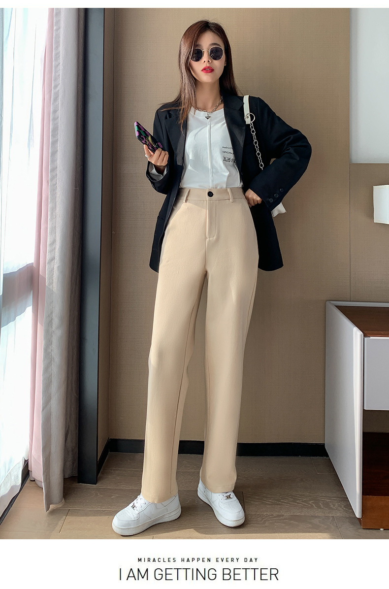 2022春秋新款米色毛呢坠感阔腿裤女宽松裤子直筒呢子高腰休闲长裤