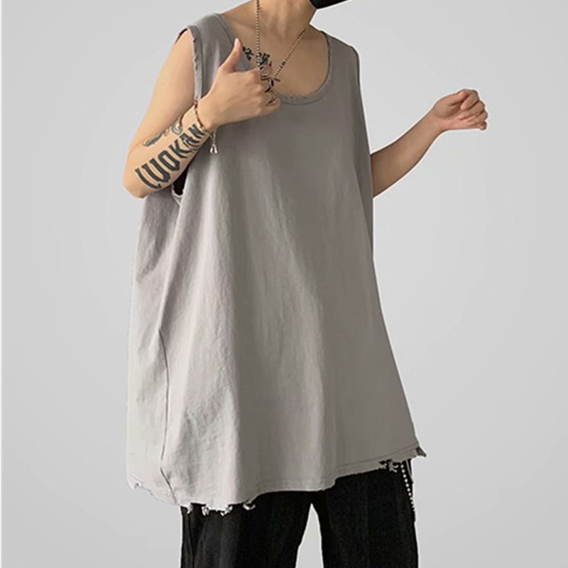 港仔文艺男2020春季港风宽松无袖背心男破洞毛边打底t恤上衣潮