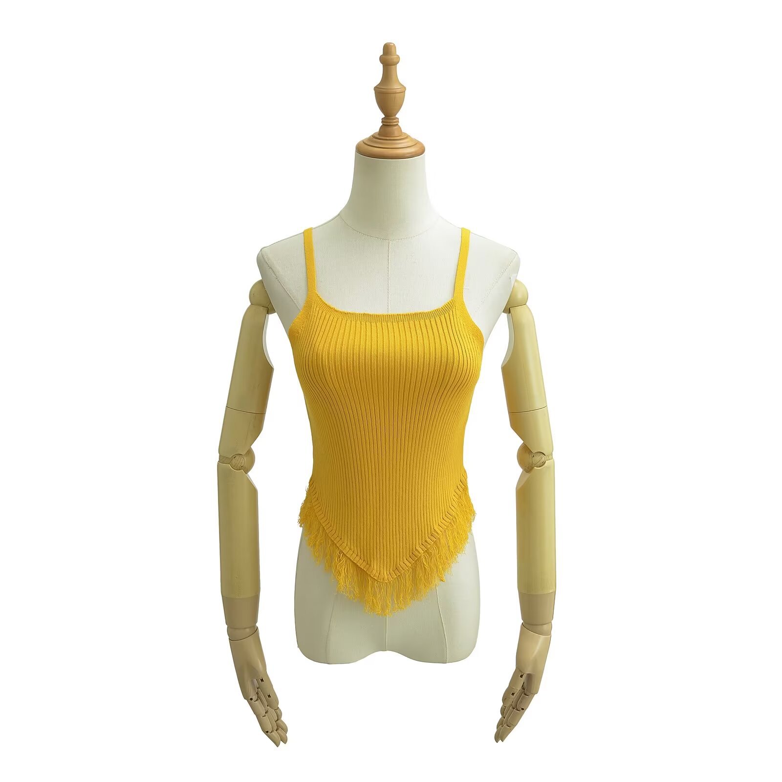 甜妹夏季平口针织吊带无袖流苏毛边三角下摆收腰时尚打底上衣