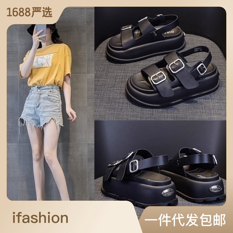 Gu Yunqi Genuine Leather Platform Roman Sandals for Women 2023 Summer New Casual Belt Buckle Beach Shoes for Women Fashion