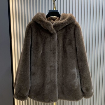 24冬季新款仿皮毛一体欧貂绒休闲连帽加厚保暖时尚韩版毛毛大衣女