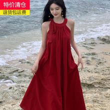 法式海边度假风无袖挂脖晚宴礼服裙夏季新款红色露肩宽松连衣裙女