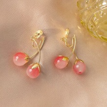 粉色番茄耳环小众设计高级感流苏耳环气质百搭无耳洞耳夹耳饰批发