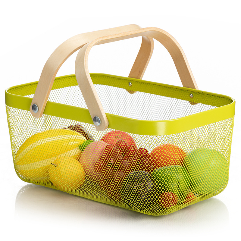 Household Iron Net Wooden Handle Storage Basket Fruit Vegetable Basket Desktop Sundries Dormitory Skincare Storage Basket