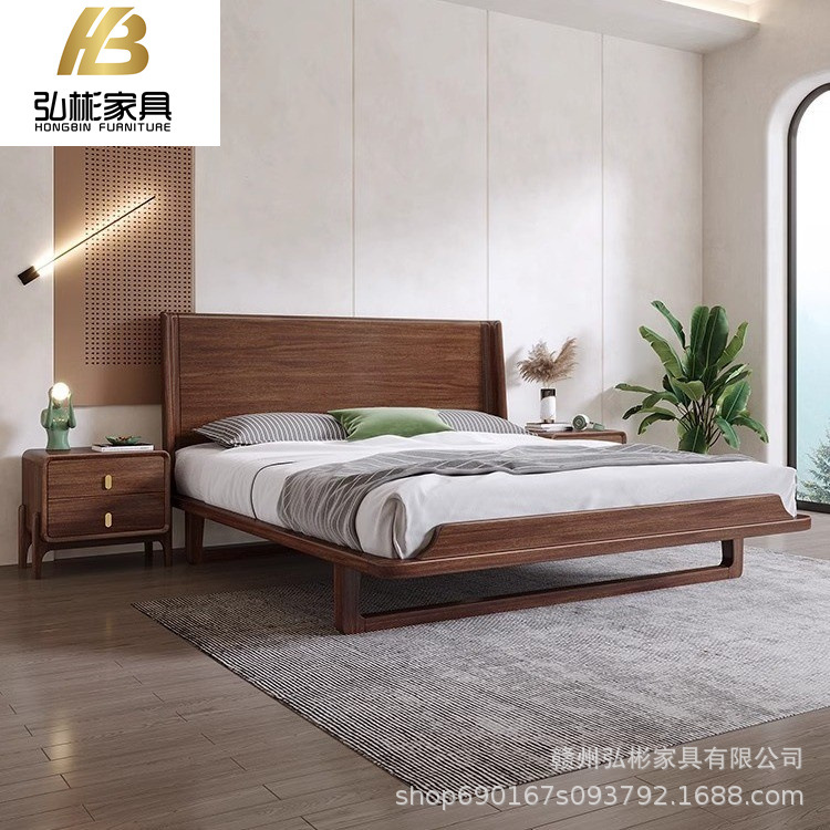 床现代简约胡桃木实木床双人床主卧婚床1.8米北欧日式榻榻米大床