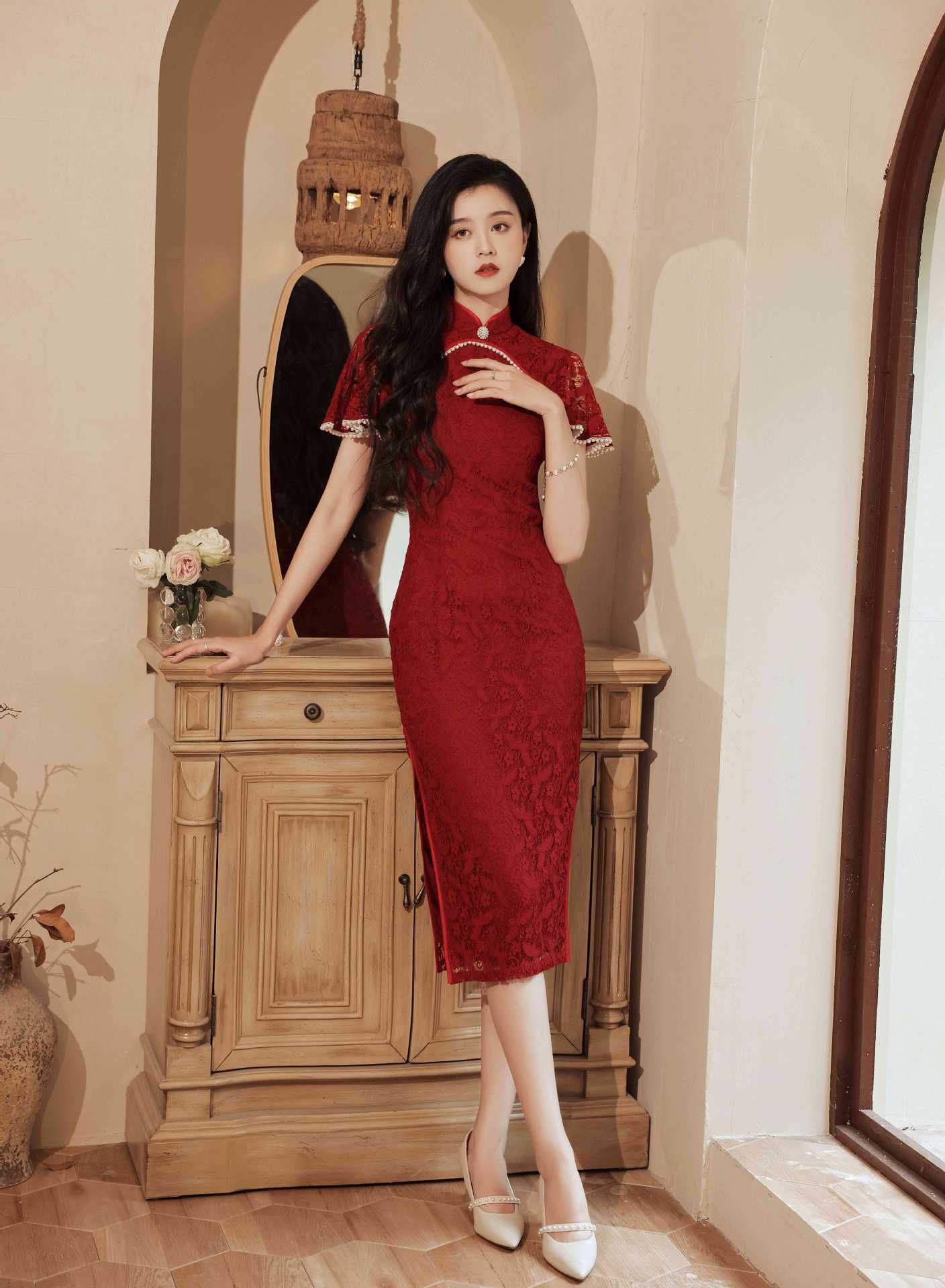 酒红色蕾丝旗袍敬酒服新娘结婚订婚回门礼服改良年轻款女新中式夏