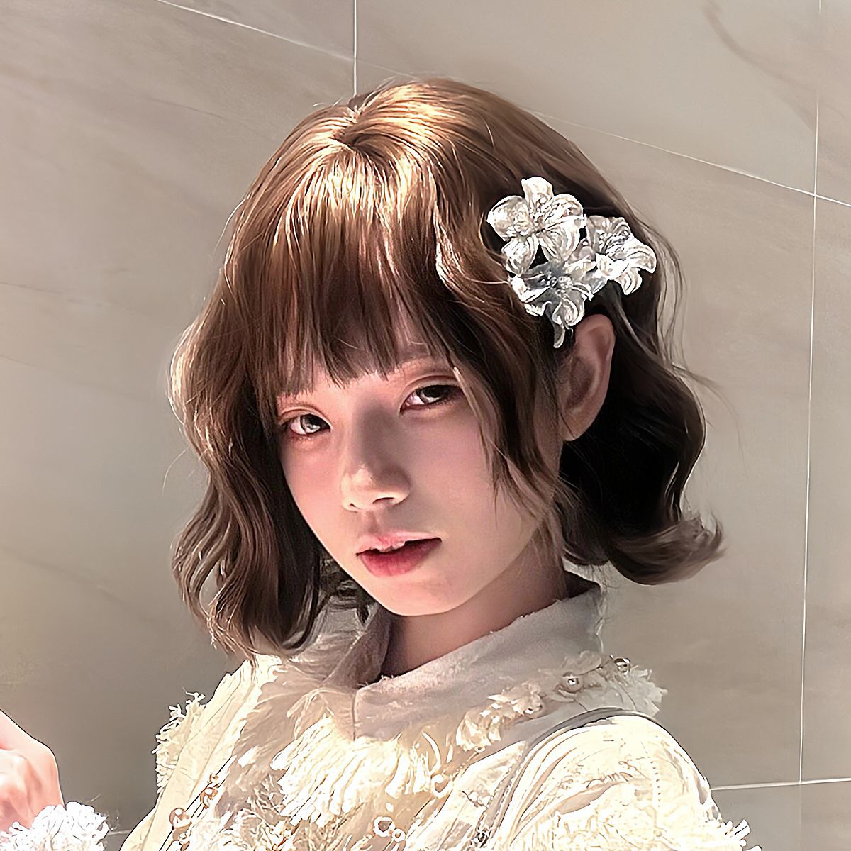 程铭假发女短卷冷棕色lolita甜美短卷发空气刘海羊毛卷外翘全头套