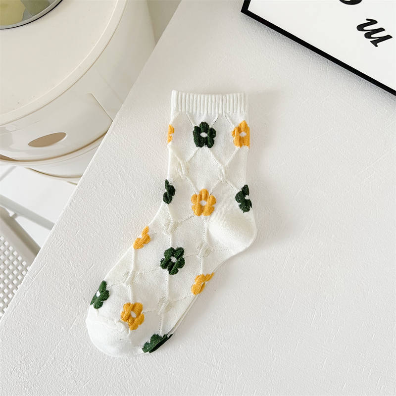 2023 Socks for Women Spring and Autumn New Ins Style Simple Fresh Solid Color Small Flower Women's Socks Middle Tube Student Korean Style Socks