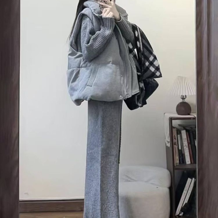 秋冬2025韩系一整套慵懒休闲宽松加厚棉服马甲女+灰色毛衣+阔腿裤