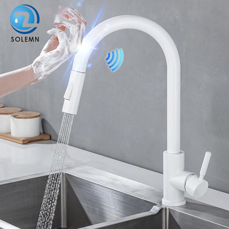 Smart Touch Sensor White Kitchen Pull-out Washing Basin Sink Hot and Cold Water Faucet Splash-Proof Black