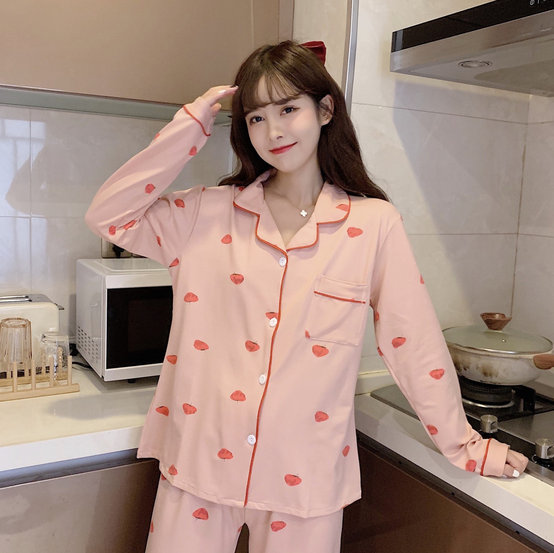 睡衣女 720# 豆沙草莓  牛奶丝m-xxl四码 简约长袖长裤衬衫领春季