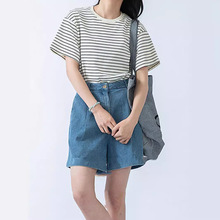 韩系条纹短袖正肩t恤女夏季2024新款紧身辣妹短款上衣设计感小众