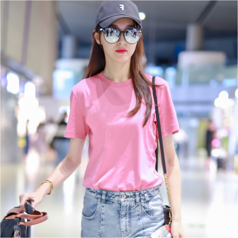 唐嫣明星同款短袖粉色t恤女宽松短袖6700-阿里巴巴