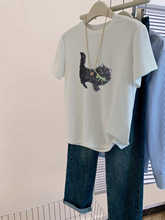 灰色小猫正肩短袖t恤女夏季2024新款小个子宽松纯棉半袖体恤上衣