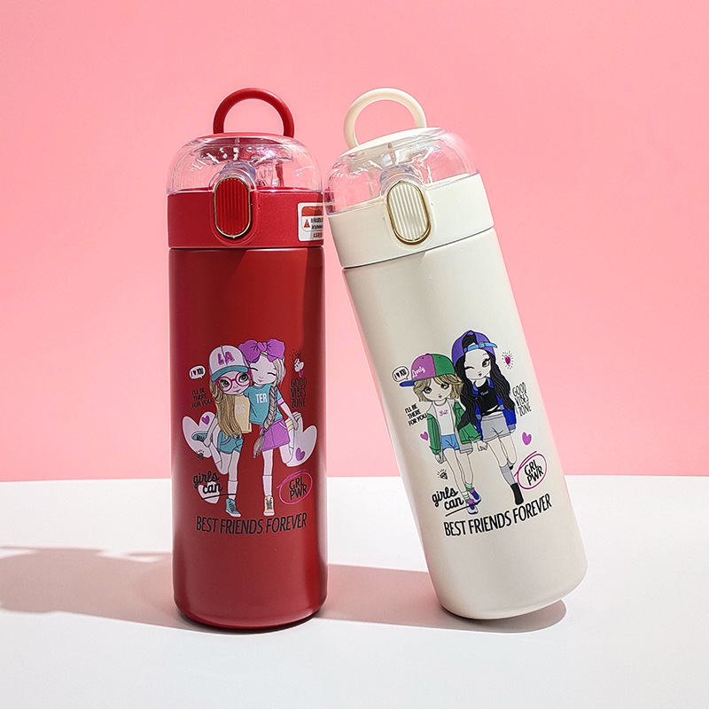 Factory Direct Sales Cross-Border 304 Stainless Steel Thermos Cup Transparent Straw Cover Cartoon UV Print Pretty Girl Tumbler