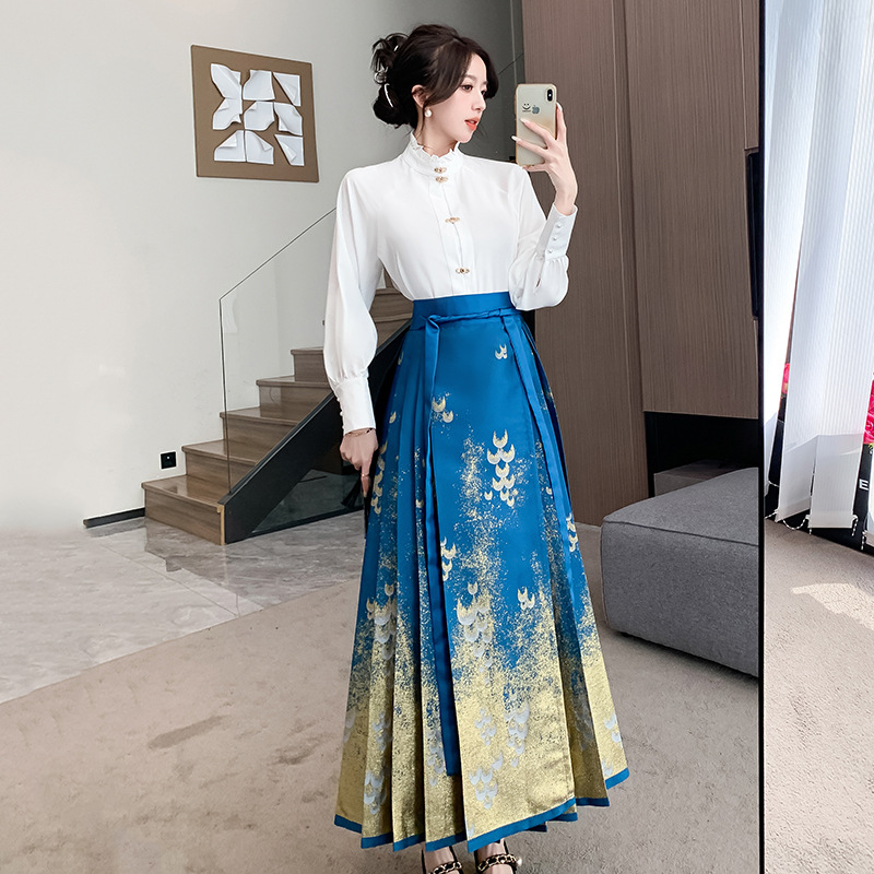 New Chinese Style Daily Blouse for Commuting One-Piece Imitation Makeup Flower Horse-Face Skirt Suit Skirt Can Be Worn in Four Seasons