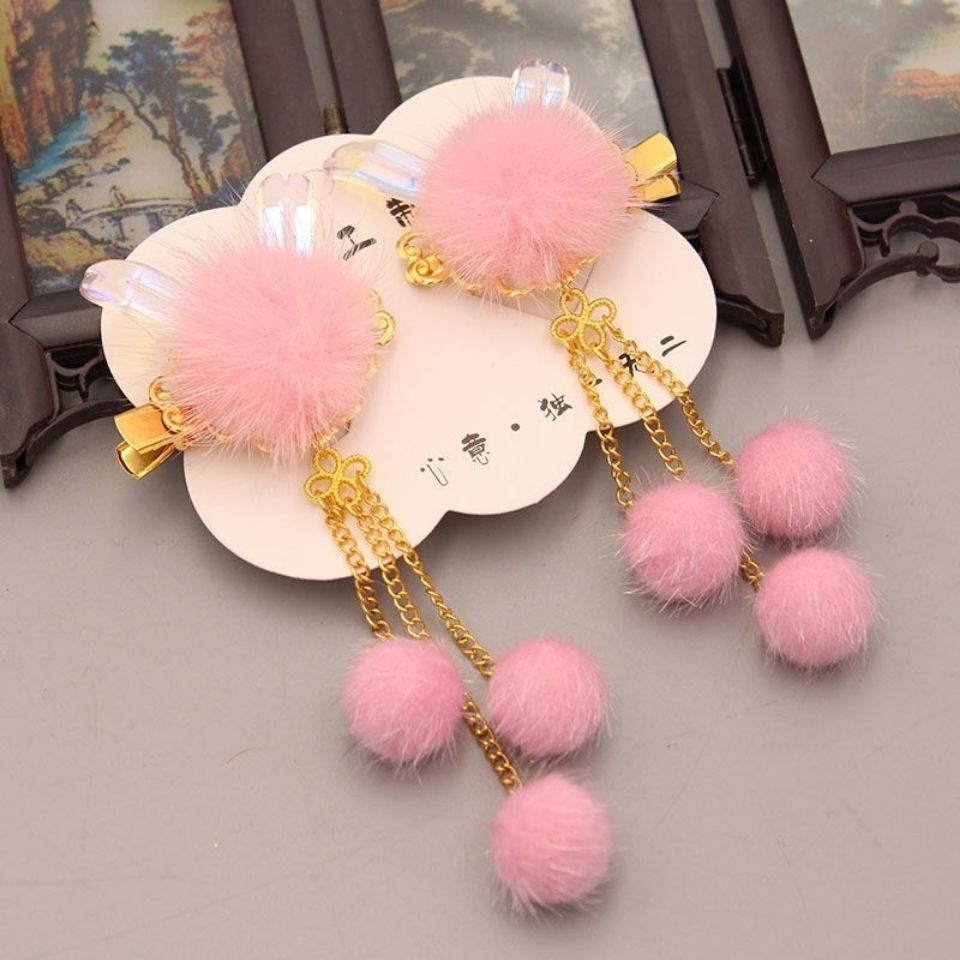 可爱兔子对夹毛球发夹新年中国风儿童发夹汉服水貂毛流苏女孩头饰
