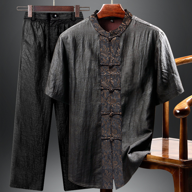 顺德香云纱男装衬衫夏季重磅真丝桑蚕丝唐装男中年套装中国风上衣