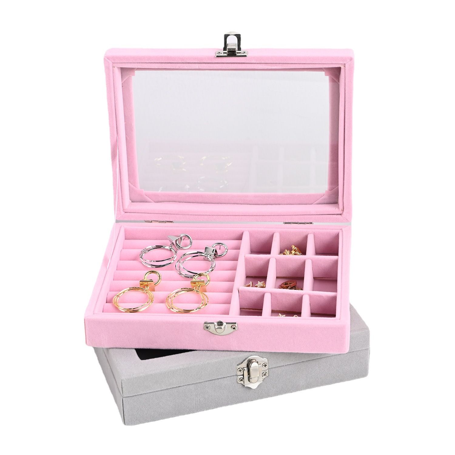 Exquisite Gray Jewelry Storage Box Household Jewelry Watch Earrings Ring Split Small Dustproof Storage Box