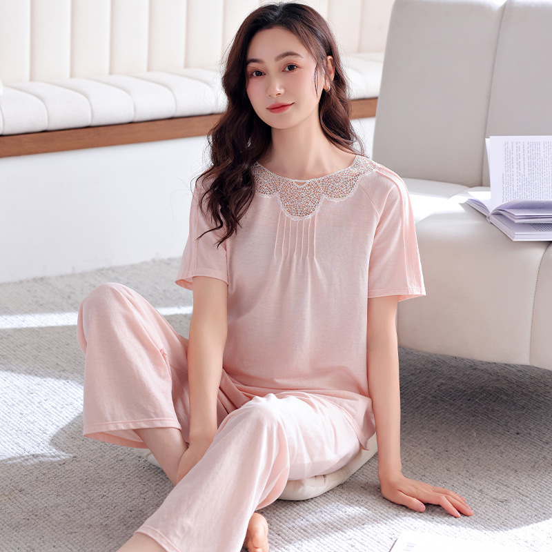 女士睡衣夏季莫代尔短袖长裤套装大码夏天冰丝中年妈妈女款家居服
