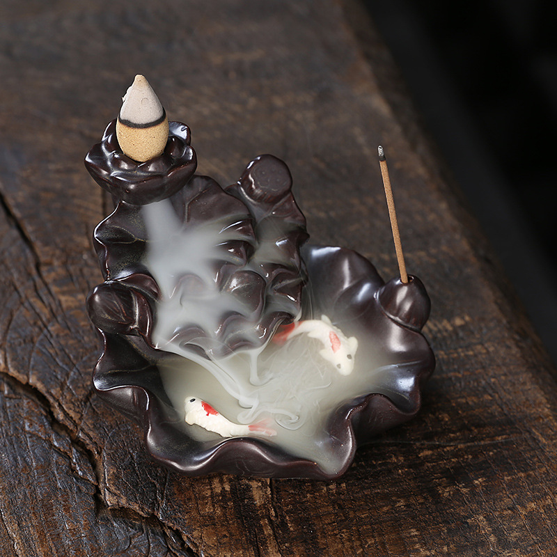 跨境 陶瓷倒流观赏香炉 创意荷花双鱼檀香烟回流香薰炉家居摆件