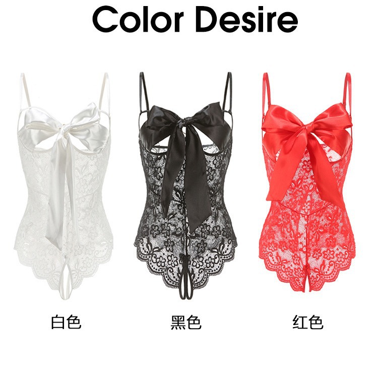 Sexy Lingerie Sexy Breast Leakage Big Bow Lace One-Piece Tight Open-End Free off See-through Temptation Hollow Pajamas