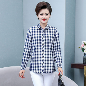 春秋格子女衬衫中老年女装翻领衬衣开衫妈妈夏装小个子长袖上衣女