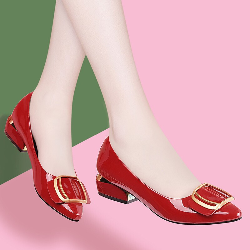 彬度红色单鞋女2020夏季新款女鞋子尖头低跟小红鞋皮鞋软底透气黑