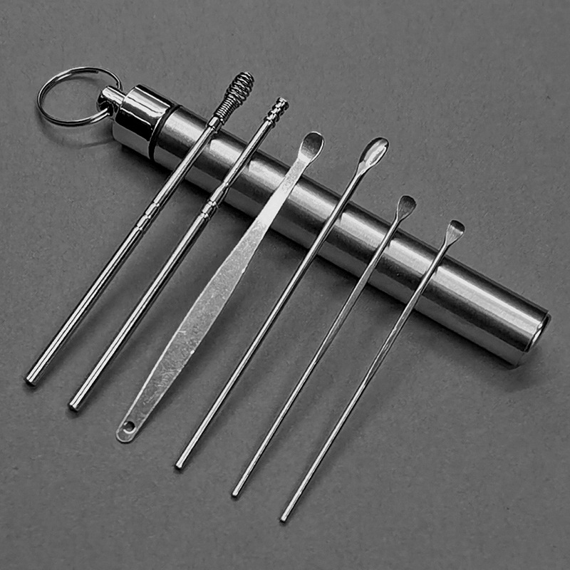 不锈钢耳勺6件套便携钥匙扣套装成人采耳工具螺旋弹簧耳朵清洁器