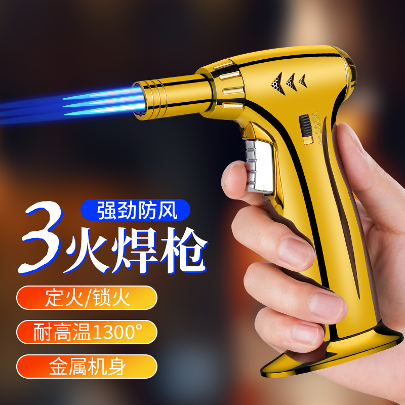 New Direct Punch Three Fire Blue Flame Lighter Spray Gun Windproof Cigar Barbecue Outdoor Kitchen Portable Spray Gun Cross-Border