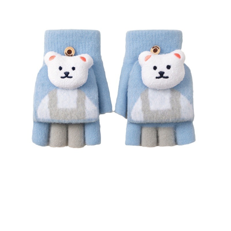 Children's Gloves Autumn and Winter Girls' Cute Cartoon Bear Half Finger Warm-Keeping and Cold-Proof Knitted Wool Fleece-lined Wholesale