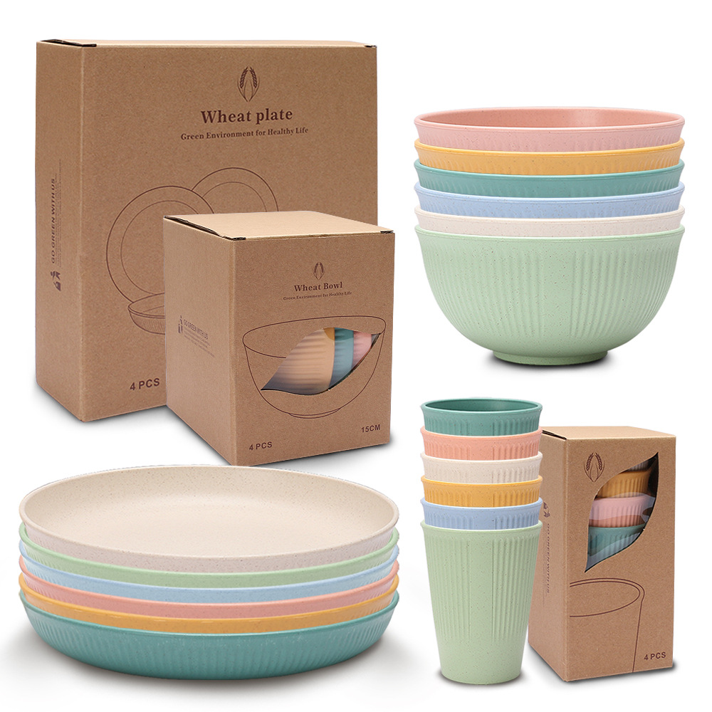 Amazon Wheat Straw Bowl Cup Plate Household Eating Vertical Pattern Plate Dining Bowl Water Cup Tableware Gift Set