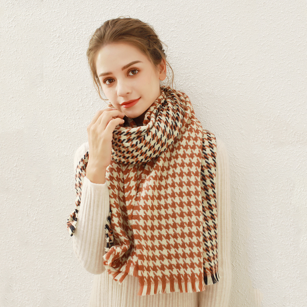 2021新款韩版撞色百搭千鸟格围巾外贸仿羊绒格子围巾女秋冬披肩