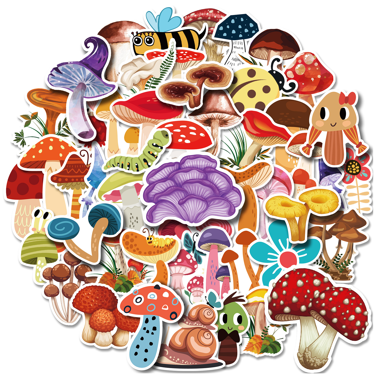 50张卡通蘑菇系列涂鸦贴纸 迷幻复古可爱笔记本滑板车彩色蘑菇贴