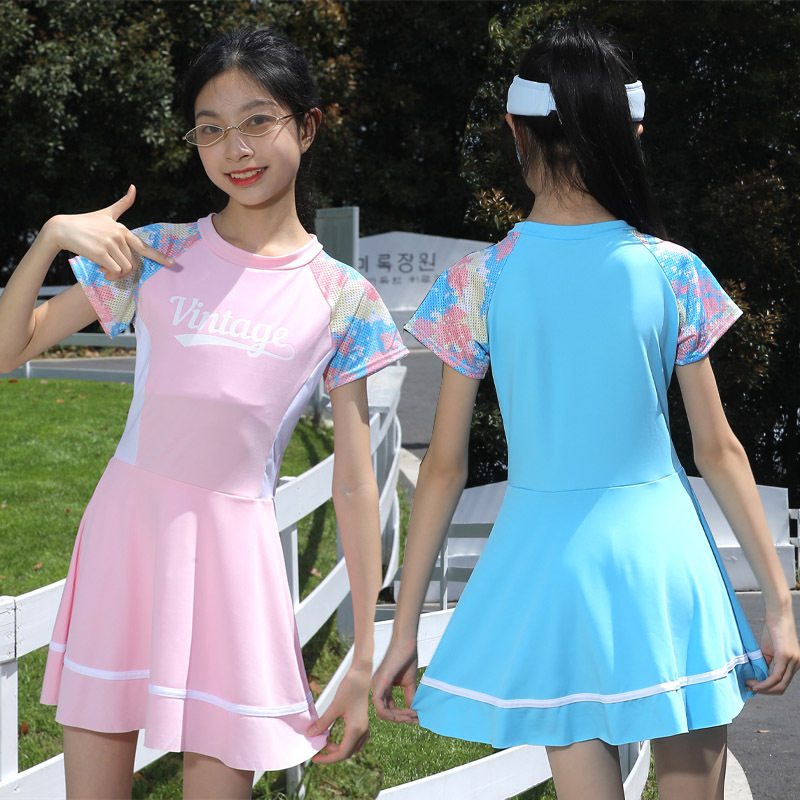 韩版女童新款分体裙式泳衣小清新速干泳衣小学生泳装批发-阿里巴巴