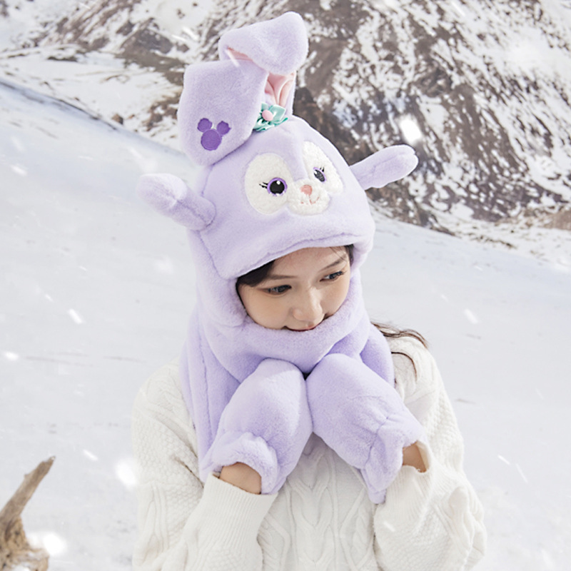 Xingdai Dew Rabbit Ears Scarf Gloves Hooded Three-Piece Winter Plush Cute Warm Scarf Integrated with Hat Wholesale