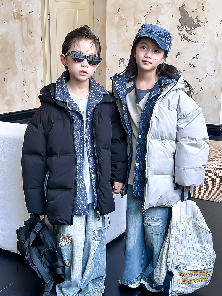 children‘s down jacket boys and girls autumn and winter new medium and big children fake two pieces denim down jacket baby padded coat