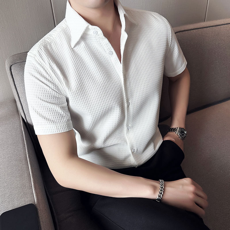 夏季华夫格男士短袖衬衫感商务休闲垂感时尚法式尖领痞帅衬衣