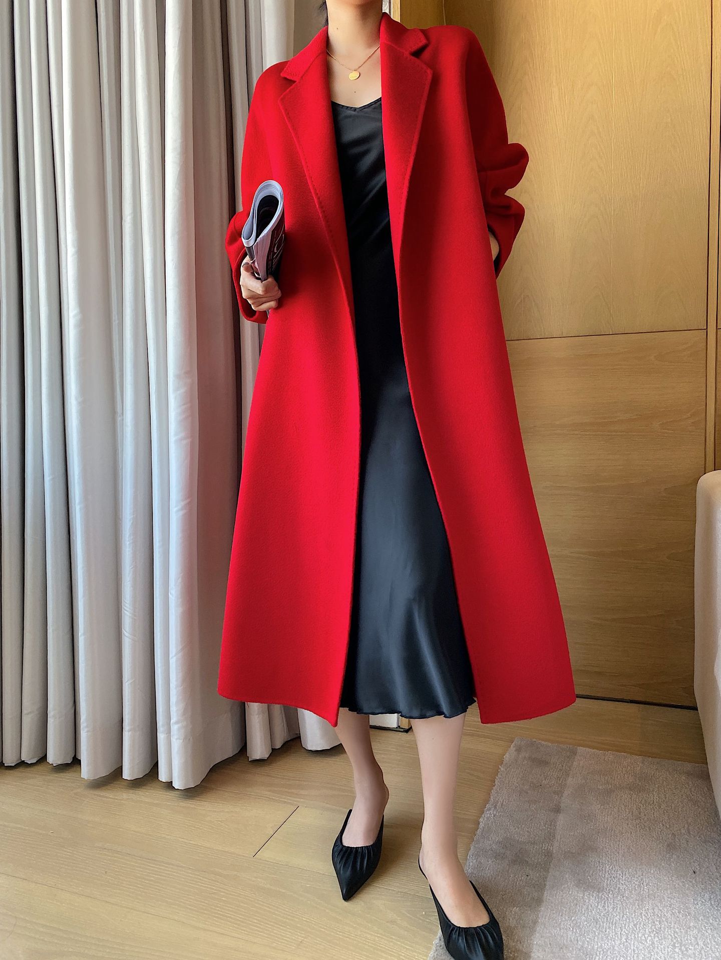 max家顾佳labbro水波纹双面羊绒大衣女系带收腰羊毛呢外套大红