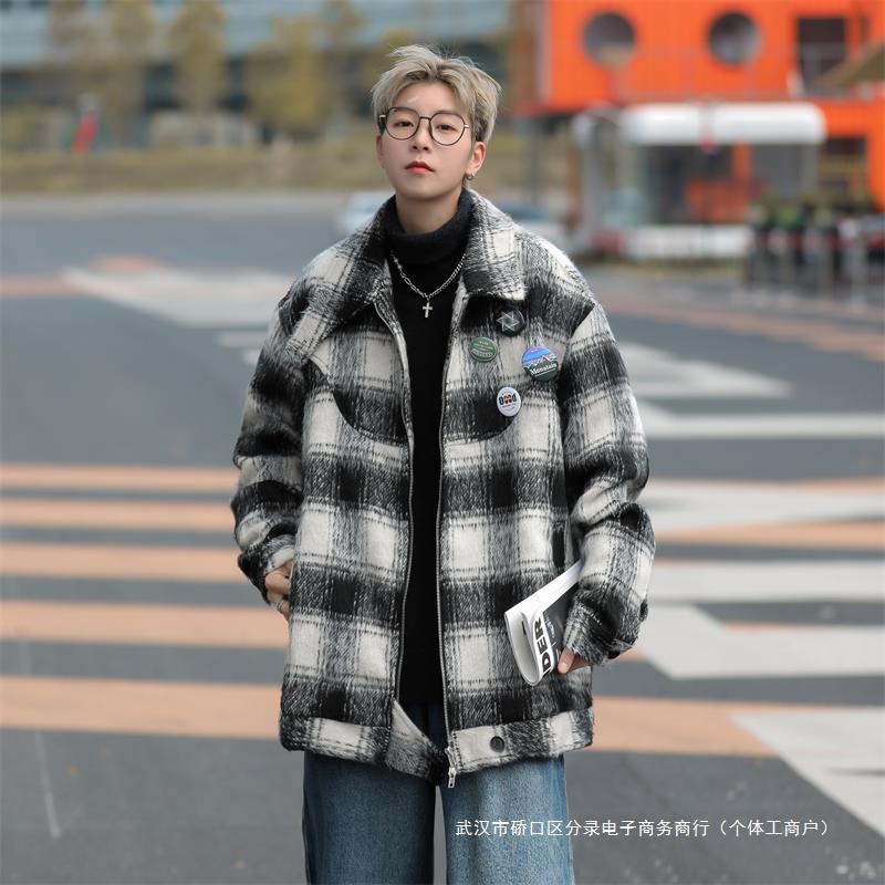 日系格子工装外套男秋冬季潮牌复古情侣宽松立领毛呢大衣