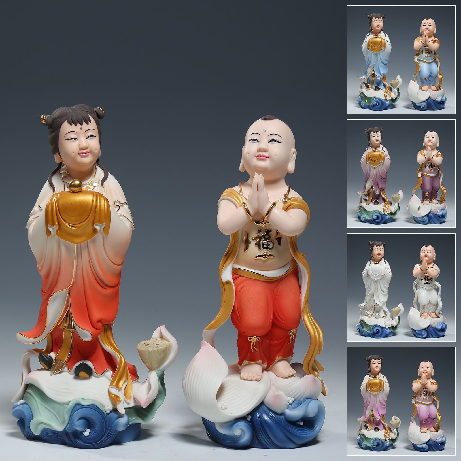 10吋,12吋金童玉女摆件高档彩绘招财童子一对陶童男