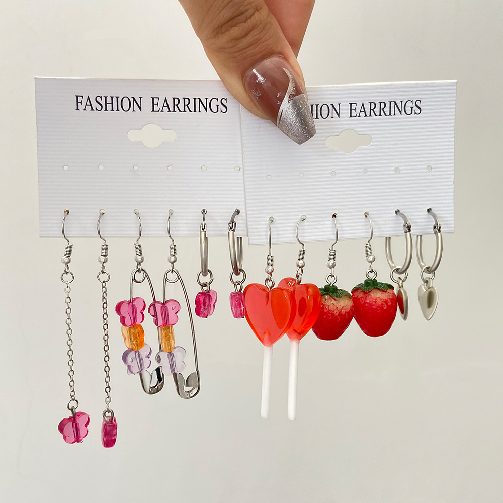 Japanese and Korean New Love Heart Earrings Six-Piece Ins Resin Butterfly Strawberry Long Clip Earrings Internet Influencer Earrings