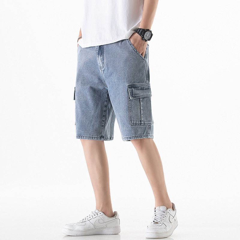 Summer Thin Denim Shorts Men's Fashion Brand Ripped Cropped Pants Loose Straight Korean Style Work Clothes Casual Cropped Pants