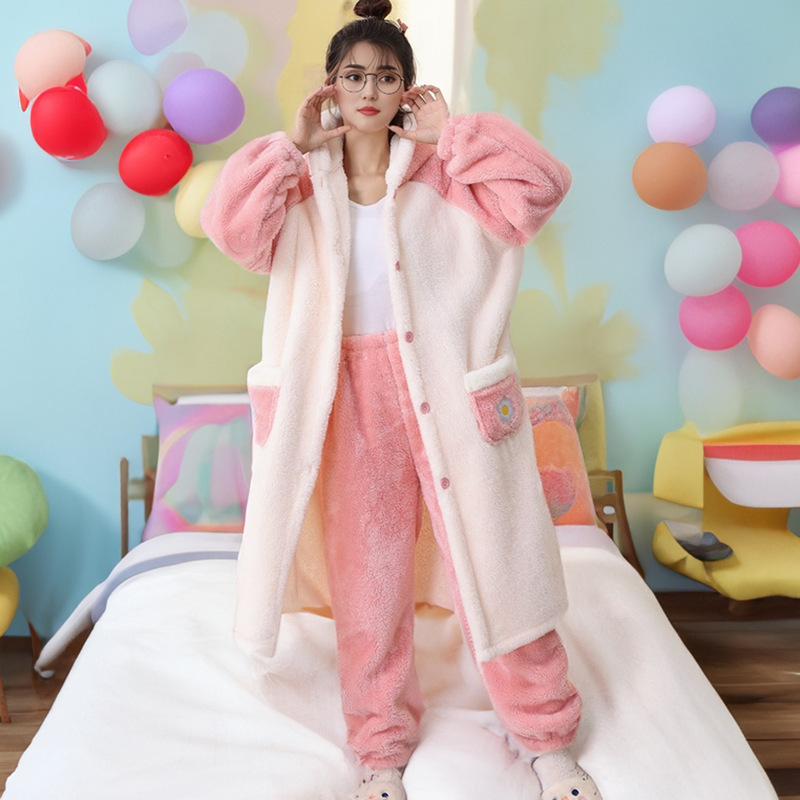 Cute Cartoon Autumn and Winter Hooded Tracksuit Women's Warm Nightgown Lambswool Thickened Pajamas Outerwear Bathrobe