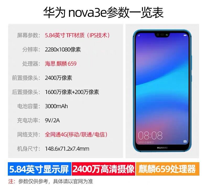 华为nova3e手机全网通4g 指纹人脸全面屏 游戏 智能快