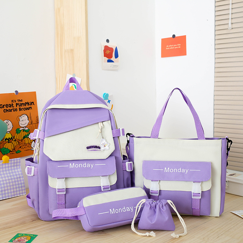 Four-Piece Schoolbag Korean Style Simple Junior High School the Campus of Middle School School Bag College Students' Backpack Fresh Cute Backpack