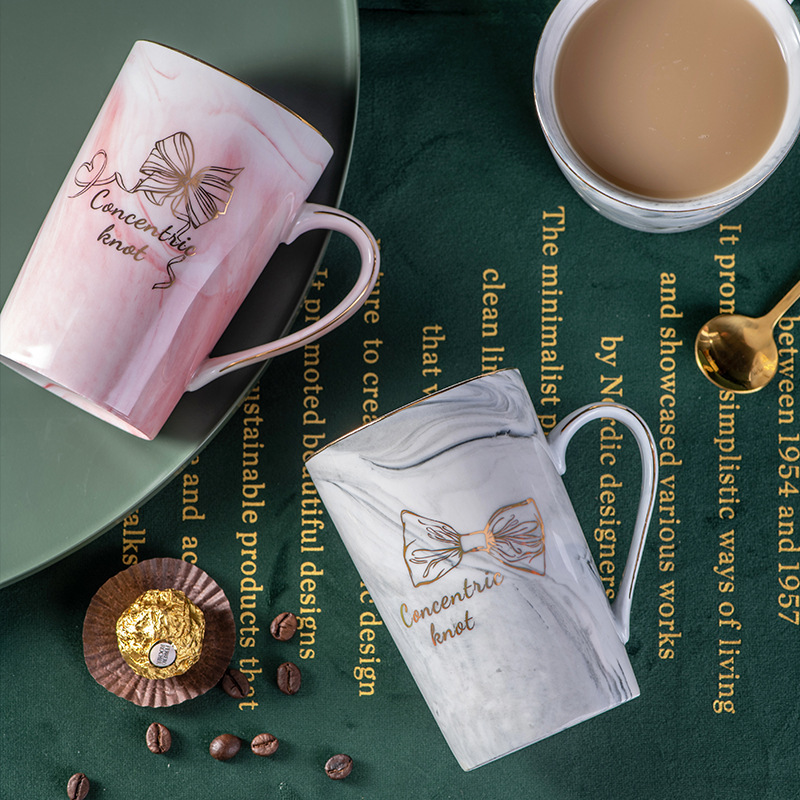 European Marble Texture Ceramic Cup Golden Edge Mug Coffee Cup Wedding Gift Packing Hand Gift Printed Logo