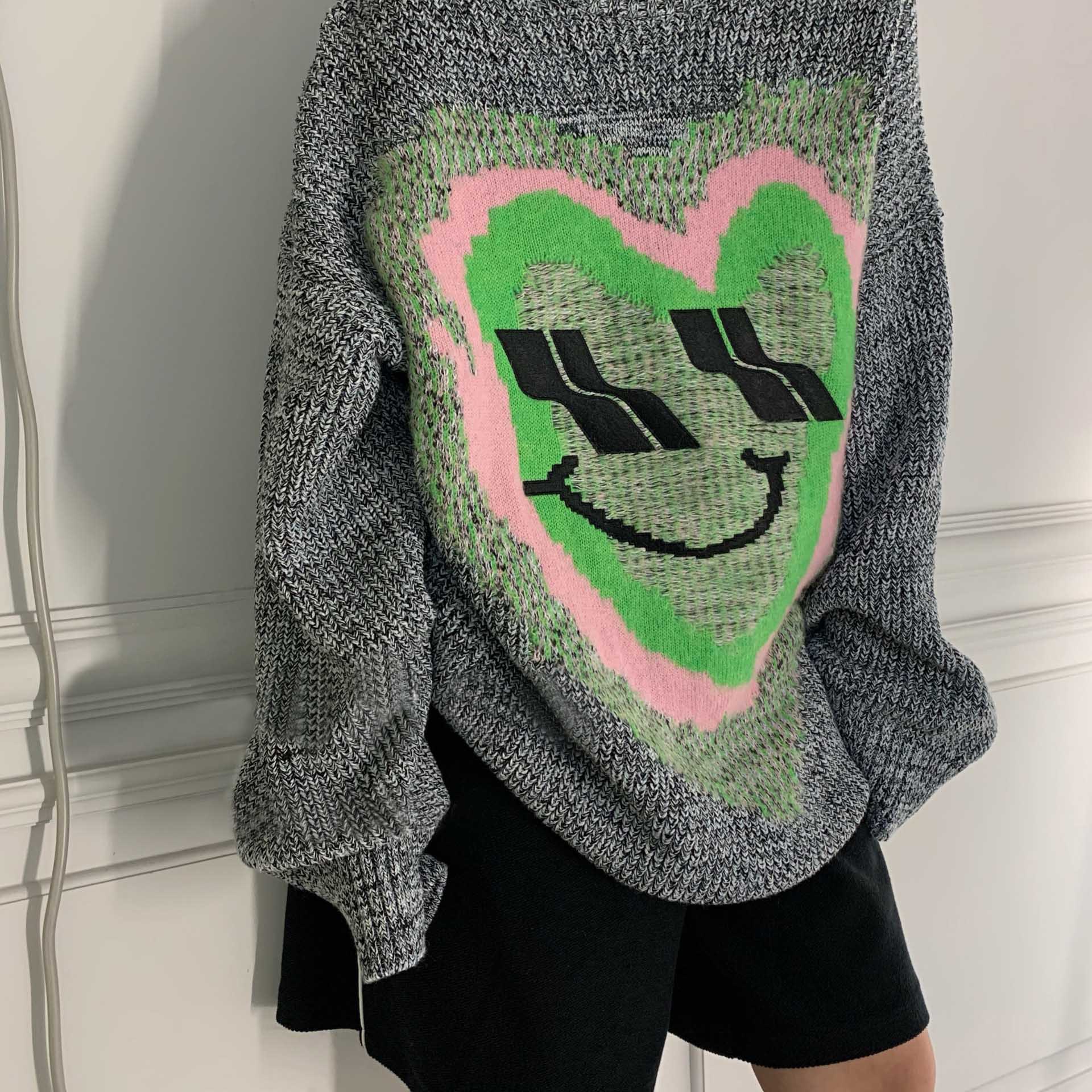 wd秋新品编织笑脸交织毛衣男女款潮牌慵懒风爱心幻影中长款针织衫