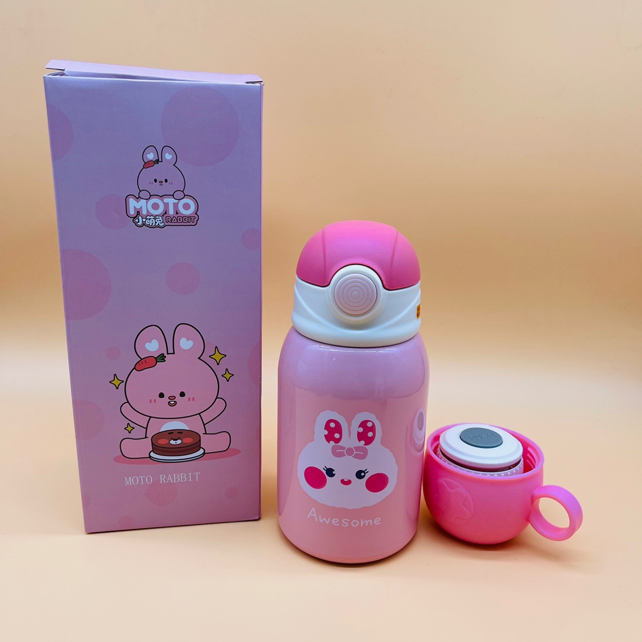 Xiaomengtu New Children's Thermos Mug Stainless Steel Double Cover Cup with Straw Kindergarten Student's Portable Water Bottle Bullet Cup