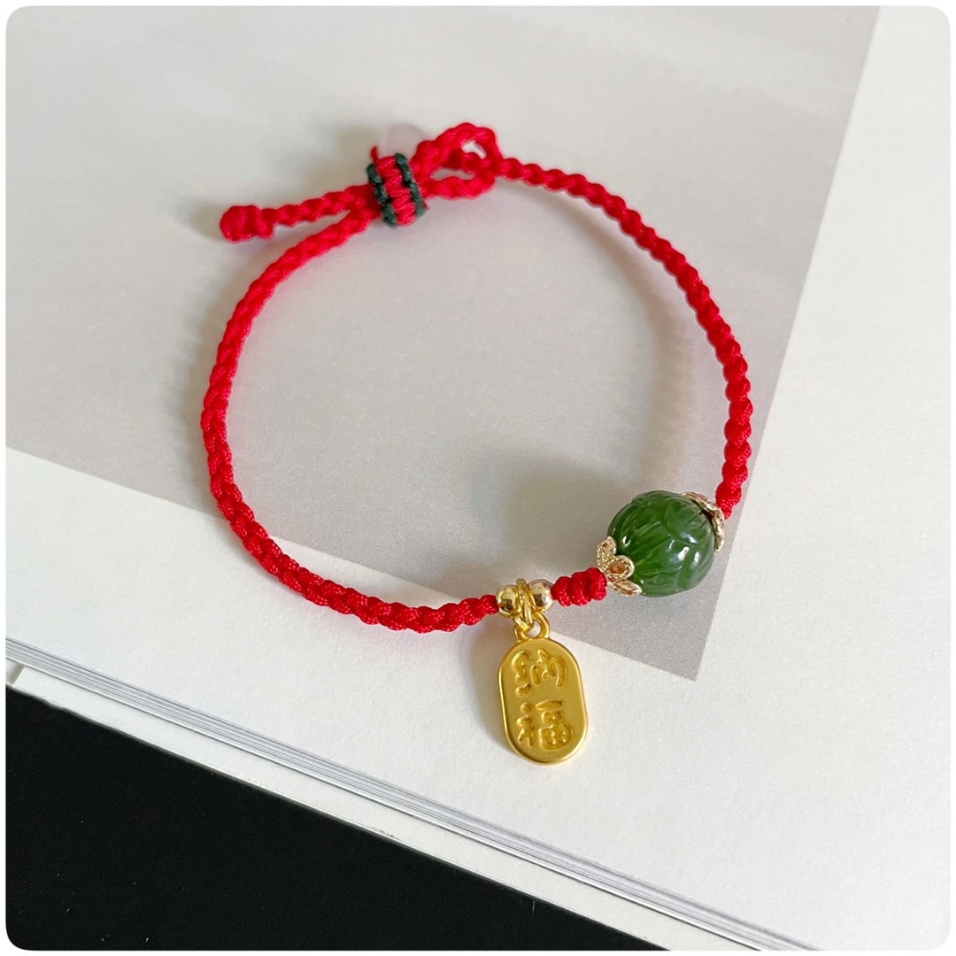 天然和田碧玉莲花珠手链招财转运编织手绳女玉石红绳小众简约精致